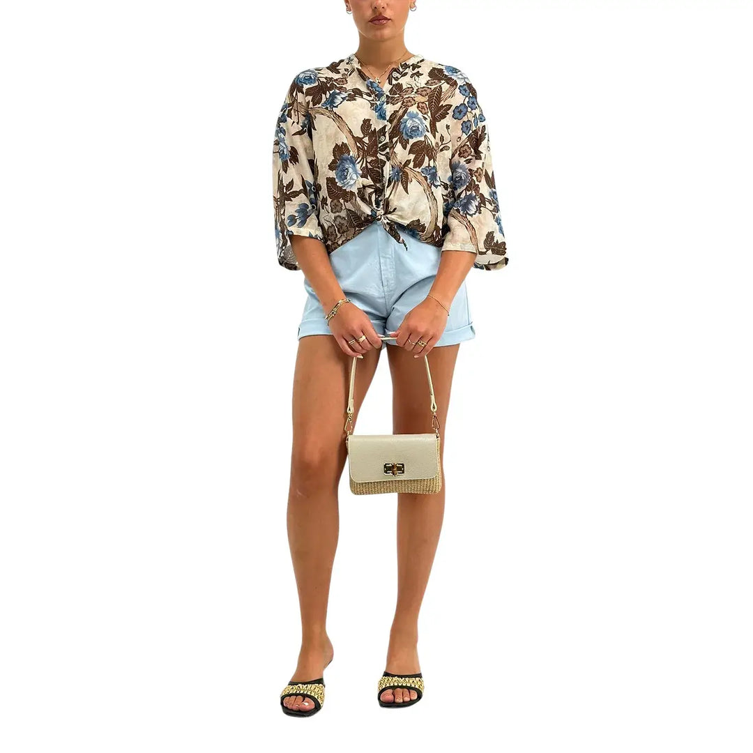 Bassini Camicia Donna Marrone con Fantasia Floreale Annodata, Collo Coreano e Maniche Tre Quarti