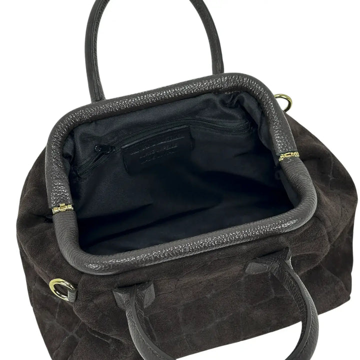 Bassini Borsa Donna Bauletto in Pelle Scamosciata Stampa Cocco Cioccolato con Tracolla Rimovibile