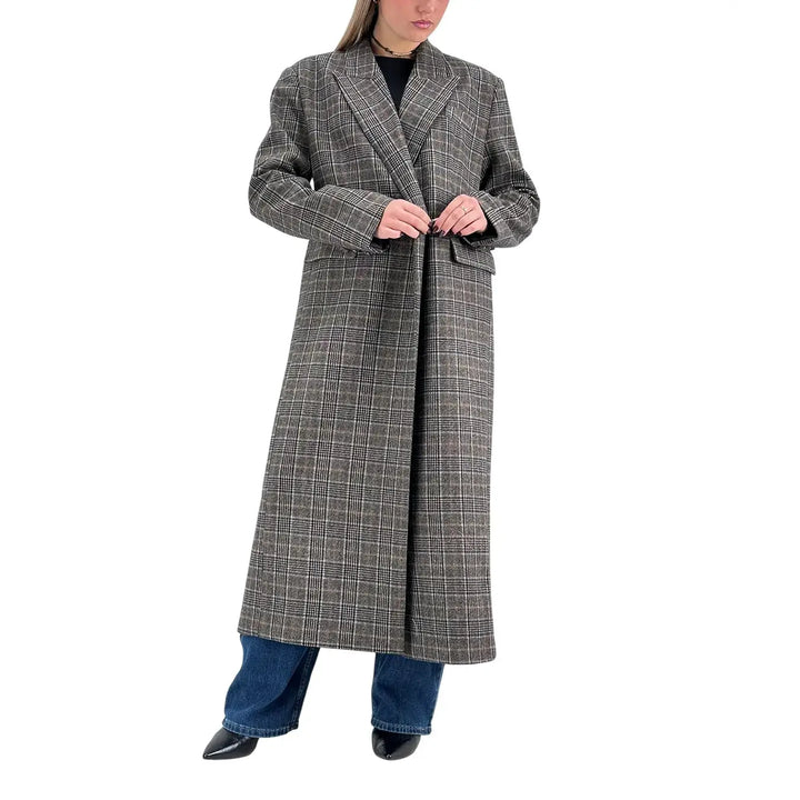 Bassini Cappotto Donna Lungo Marrone e Blu Principe di Galles Doppiopetto