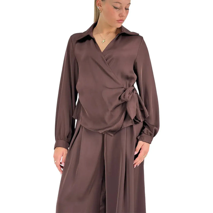 Bassini Camicia Donna Cioccolato Incrociata con Fiocco Laterale ed Elastico Posteriore