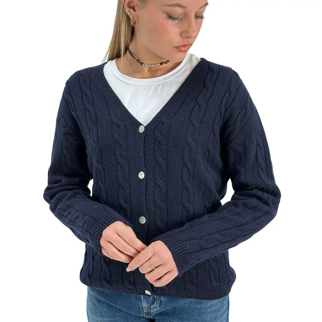 Bassini Cardigan Donna Nero a Treccia con Cinque Bottoni e Vestibilità Regolare