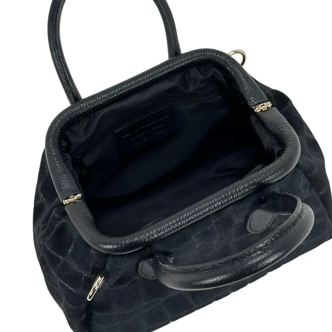 Bassini Borsa Donna Bauletto in Pelle Scamosciata Stampa Cocco Nero con Tracolla Rimovibile