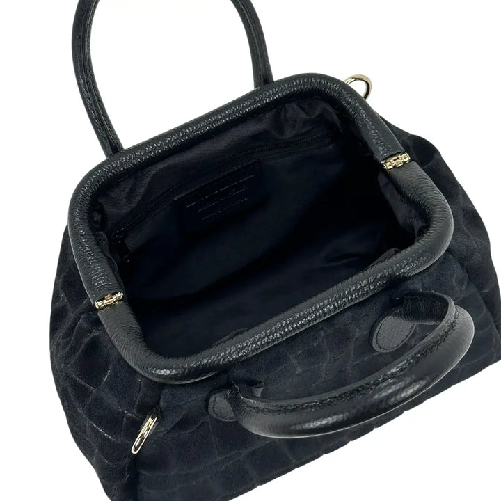 Bassini Borsa Donna Bauletto in Pelle Scamosciata Stampa Cocco Nero con Tracolla Rimovibile