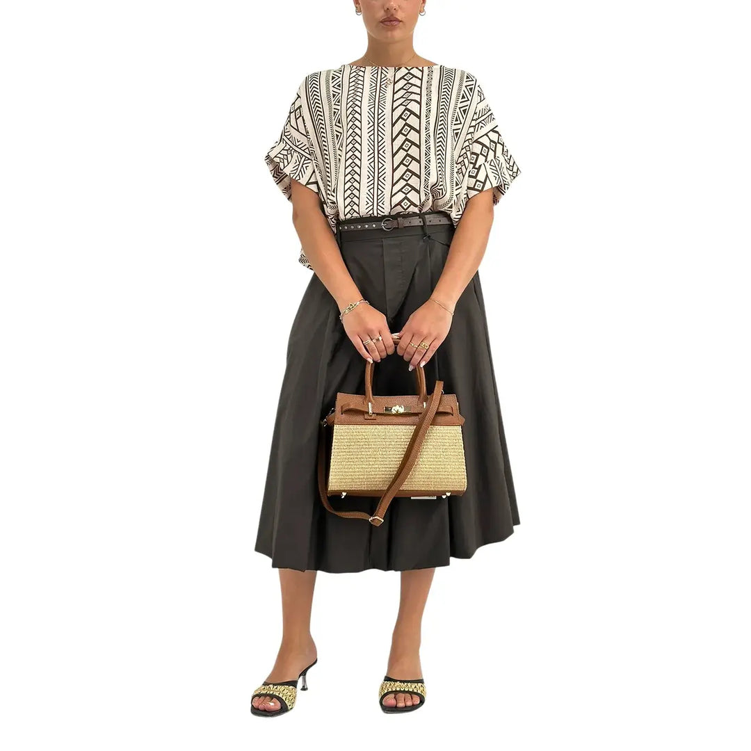 Bassini Blusa Donna Burro con Fantasia Moro, Scollo Madonna e Maniche Corte
