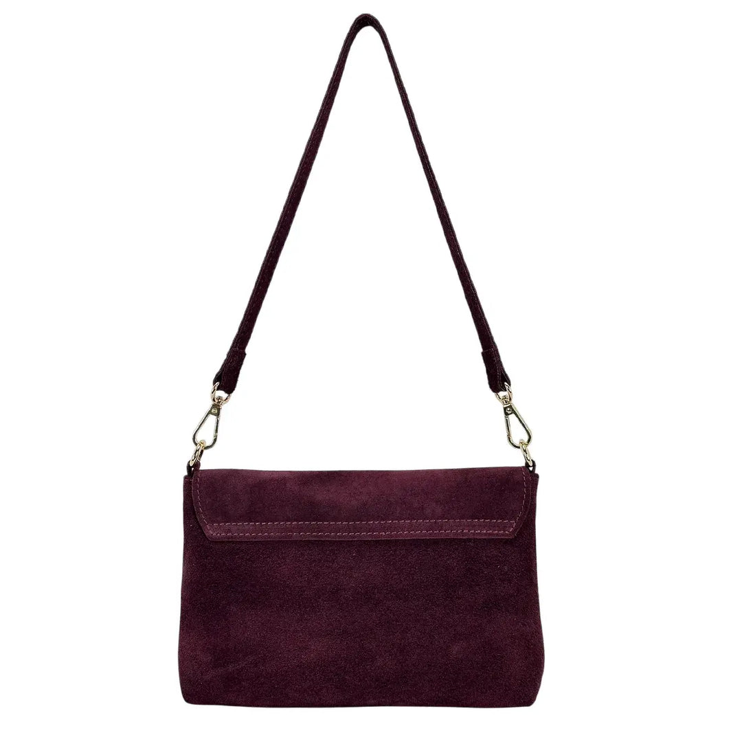 Bassini Borsa Donna in Pelle Scamosciata Burgundi con Pattina e Girello in Bambù e Tracolla Rimovibile