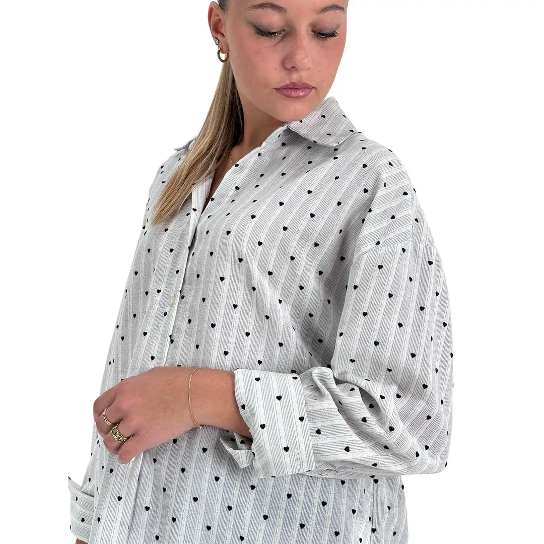 Bassini Camicia Donna Over Celeste a Righe con Micro Ricami a Cuore Blu in 100% Cotone