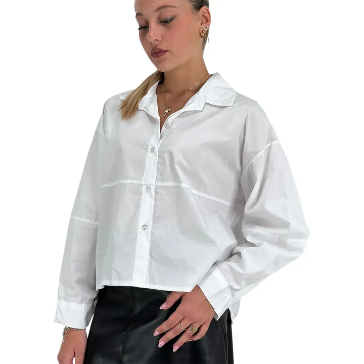 Bassini Camicia Donna Bianca in Cotone Oversize a Maniche Lunghe con Taglio Orizzontale