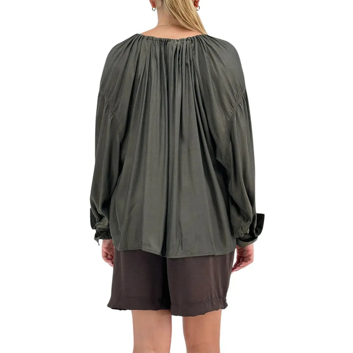 Bassini Blusa Donna Verde con Girocollo Arricciato Coulisse e Maniche Raglan