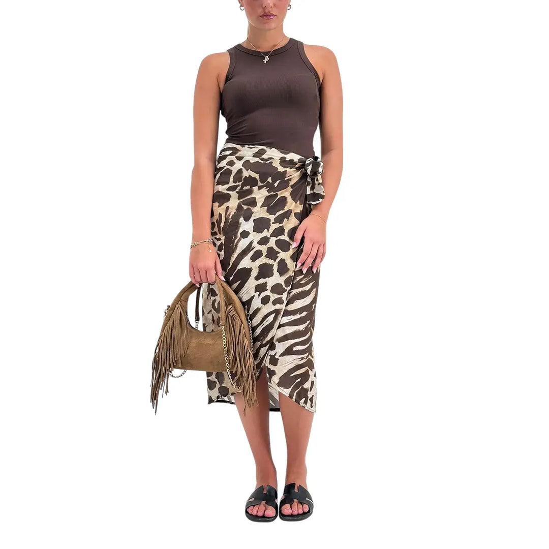 Bassini Gonna Donna Leopardata Marrone di Media Lunghezza con Nodo Laterale