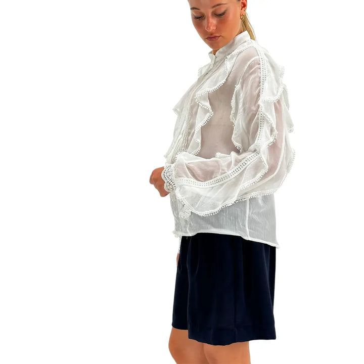 Bassini Camicia Donna Bianca con Rouches Maniche Lunghe Collo alla Coreana e Tessuto Plissettato