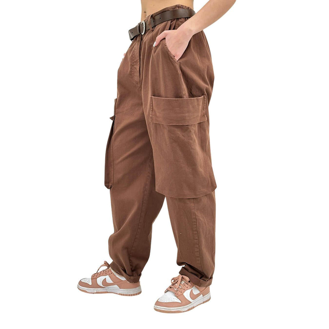 Motel Pantaloni Donna, Cargo, Tasche Laterale, Cotone, Marrone