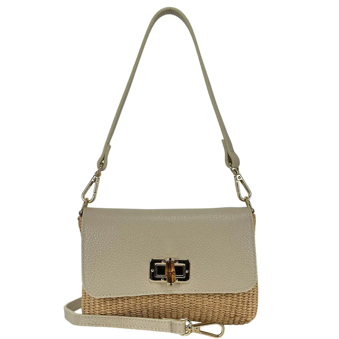 Bassini Borsa Donna in Raffia e Pelle Avorio Piccola con Tracolla Rimovibile e Girello Bambù