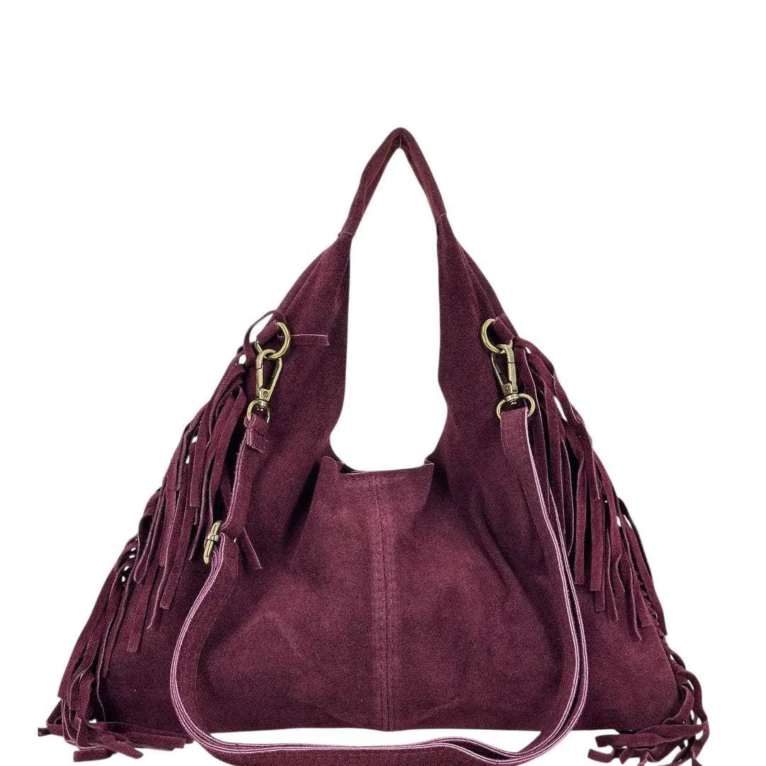 Bassini Borsa Donna in Pelle Scamosciata Burgundi con Frange Laterali e Tracolla Rimovibile