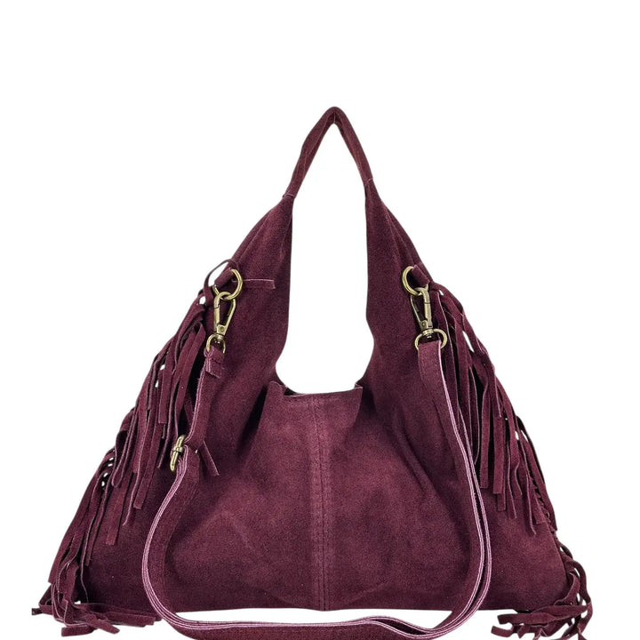 Bassini Borsa Donna in Pelle Scamosciata Burgundi con Frange Laterali e Tracolla Rimovibile