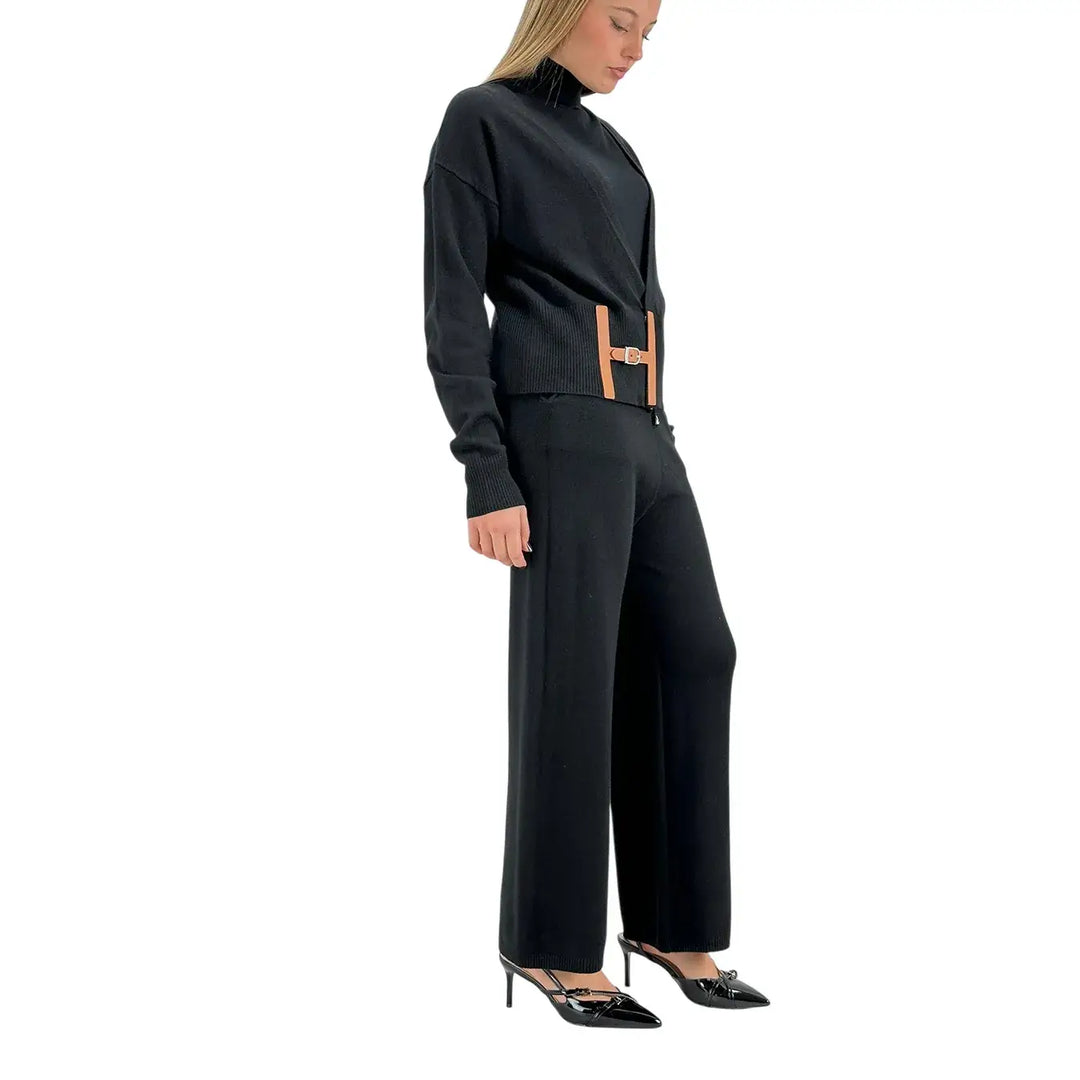 Bassini Coordinato Donna Tre Pezzi Nero in Maglia con Pantaloni e Maglia Smanicata a Lupetto
