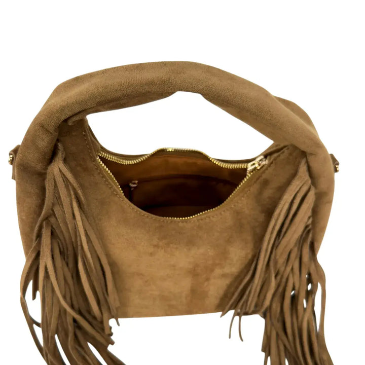 Bassini Borsa Donna in Ecopelle Kaki a Spalla con Frange Laterali e Tracolla Catena Rimovibile