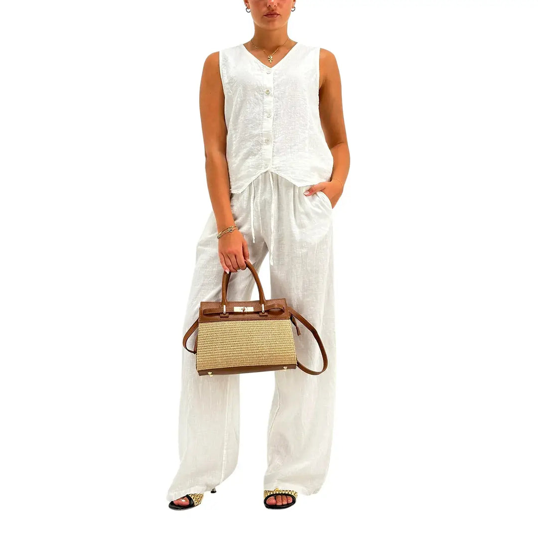 Bassini Pantaloni Donna Bianchi Palazzo in Lino e Cotone con Coulisse in Vita