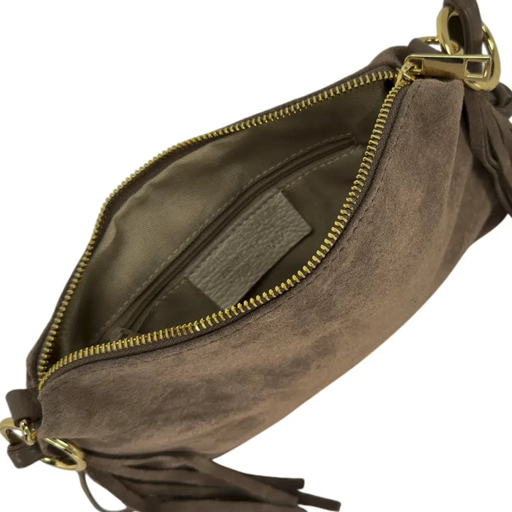 Bassini Borsa Donna in Pelle Scamosciata Taupe con Frange Laterali e Tracolla Intercambiabile