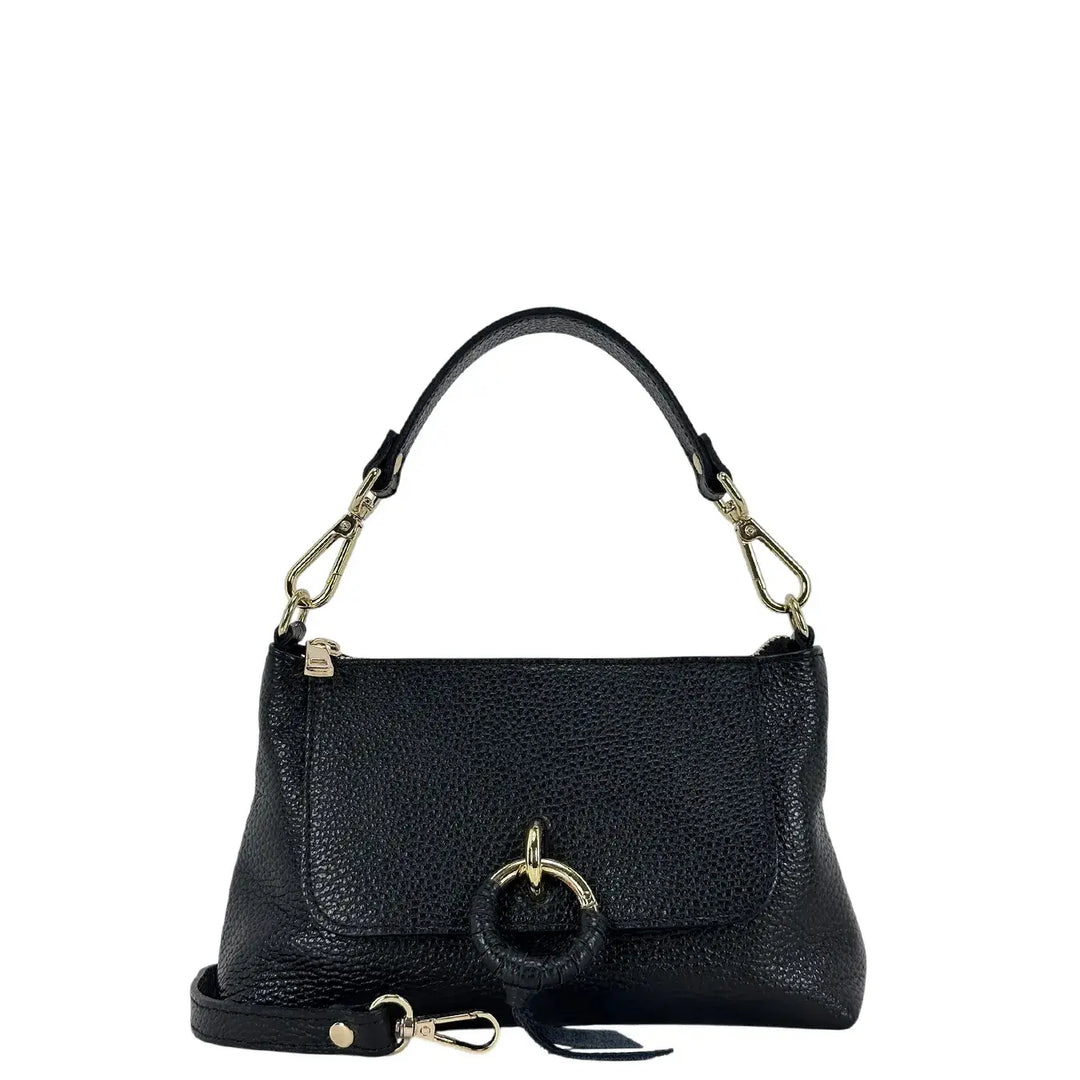 Bassini Borsa Donna Piccola in Pelle Nera con Doppia Tracolla e Accessorio Metallico