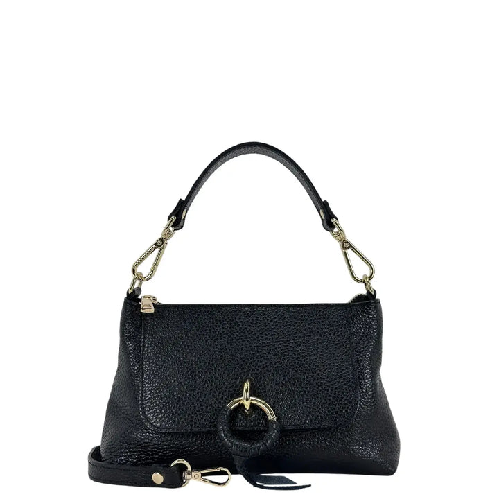 Bassini Borsa Donna Piccola in Pelle Nera con Doppia Tracolla e Accessorio Metallico
