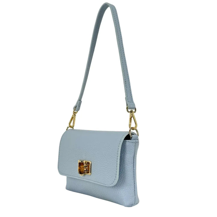 Bassini Borsa Donna Mini in Pelle Celeste con Pattina Chiusura Girello Bambù e Tracolla Rimovibile