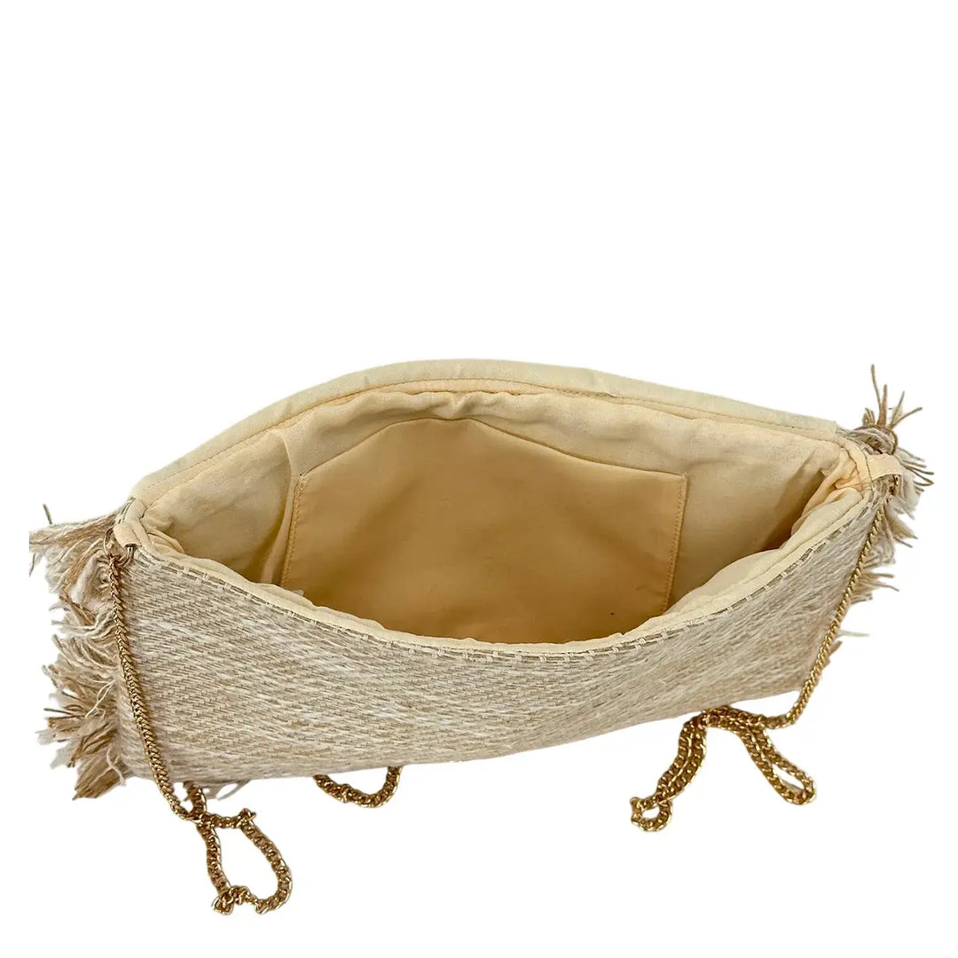 Bassini Borsa Donna Pochette in Cordura Beige con Perline Arancio sulla Patta e Tracolla Catena Oro