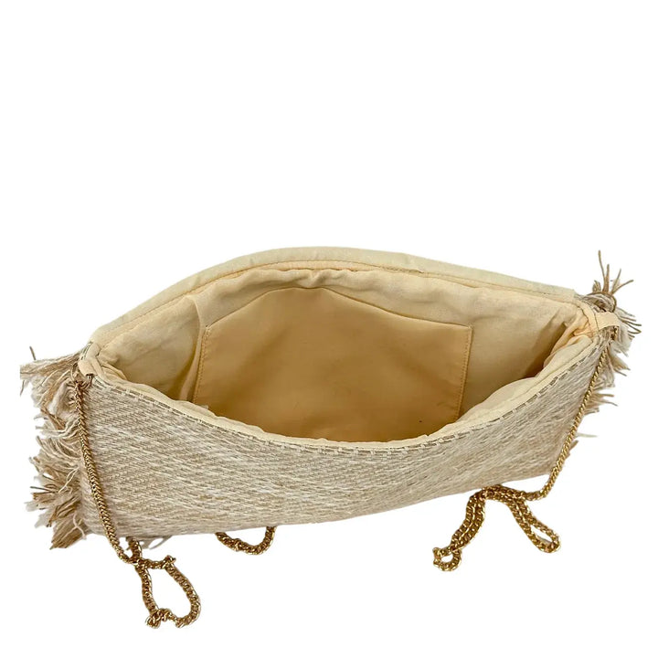 Bassini Borsa Donna Pochette in Cordura Beige con Perline Arancio sulla Patta e Tracolla Catena Oro
