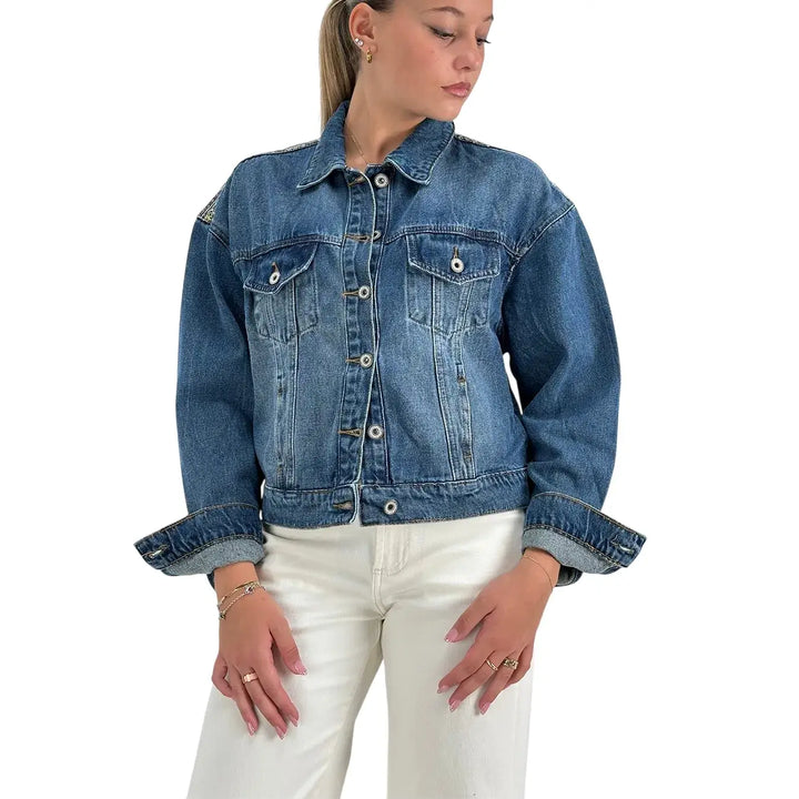 Bassini Giubbotto Donna Blu Medio Modello Trucker in Denim Elasticizzato con Ricami e Paillettes