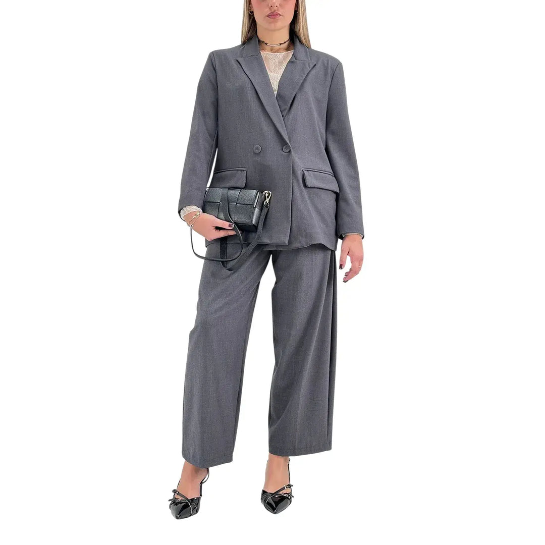 Bassini Pantaloni Donna Grigi Sartoriali a Gamba Larga con Doppia Pince e Tasche a Filo