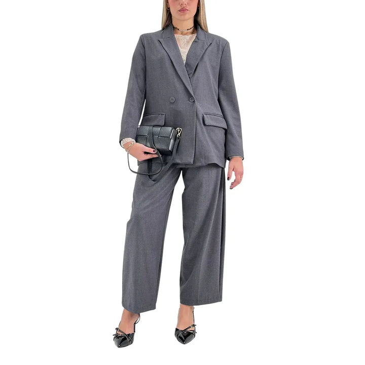 Bassini Pantaloni Donna Grigi Sartoriali a Gamba Larga con Doppia Pince e Tasche a Filo