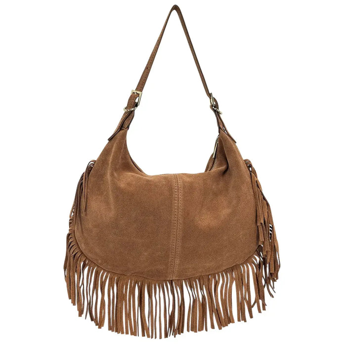 Bassini Borsa Donna in Pelle Scamosciata con Frange Laterali e Tracolla Intercambiabile Cognac