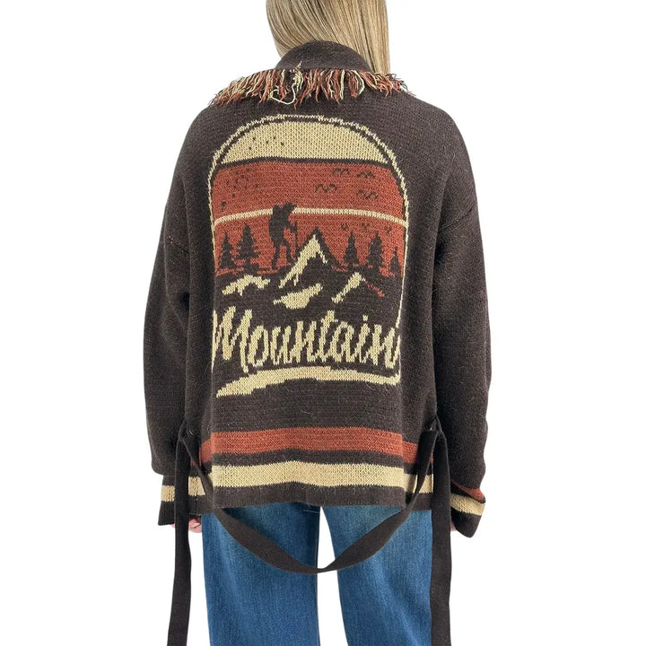 Bassini Cardigan Donna Aperto Cioccolato e Terra di Siena con Cintura in Maglia e Ricamo Mountain