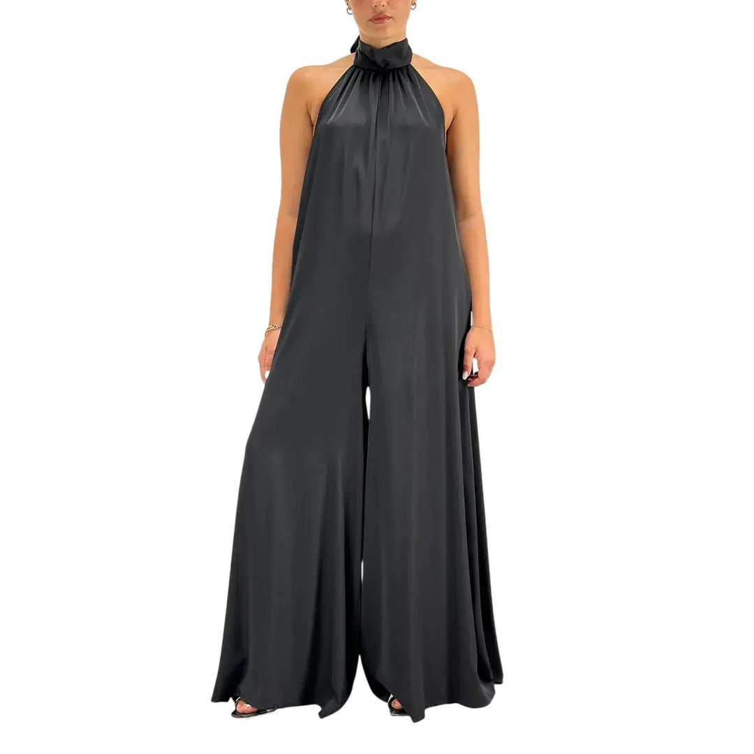 Bassini Tuta Donna Nera Elegante con Collo Americano, Fiocco sul Retro e Gamba Larga
