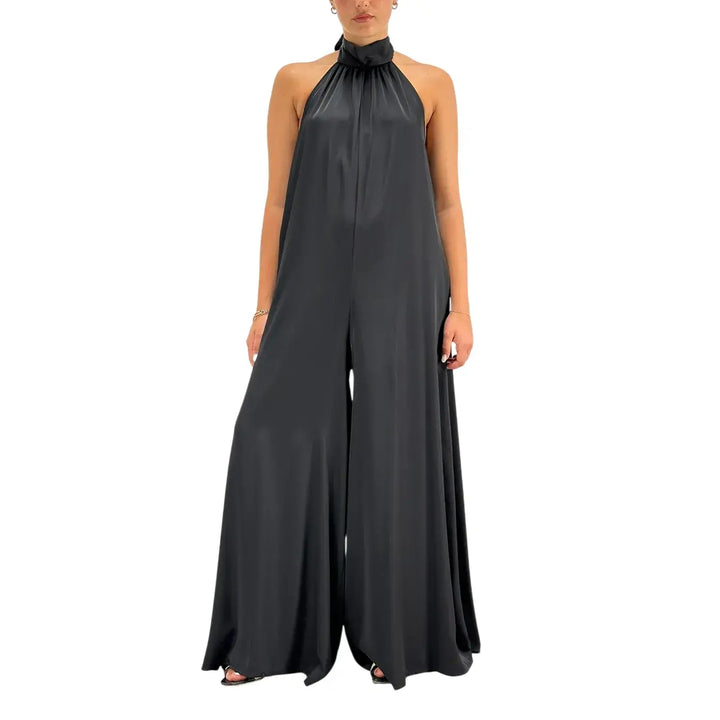 Bassini Tuta Donna Nera Elegante con Collo Americano, Fiocco sul Retro e Gamba Larga