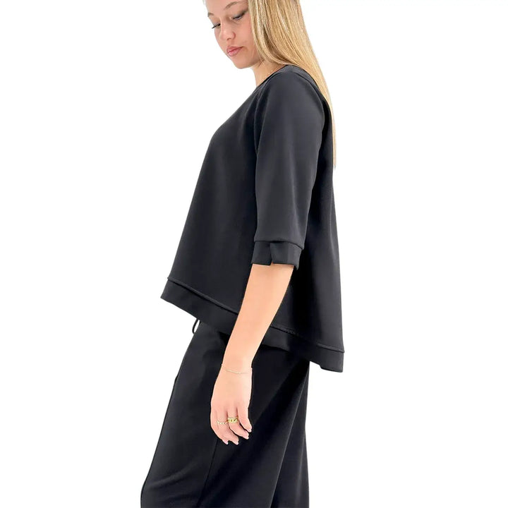 Bassini Felpa Donna Nera Oversize con Scollo a Barca e Maniche Tre Quarti