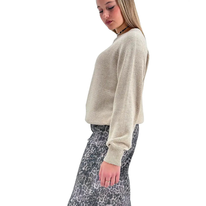 Bassini Maglia Donna Cammello Girocollo Oversize con Maniche Raglan e Orlo a Costine