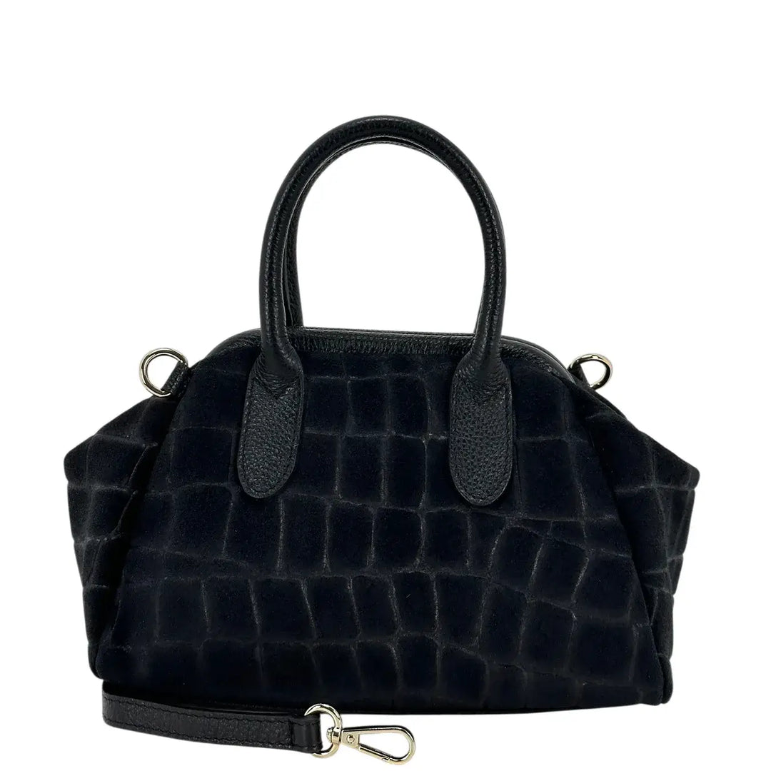 Bassini Borsa Donna Bauletto in Pelle Scamosciata Stampa Cocco Nero con Tracolla Rimovibile