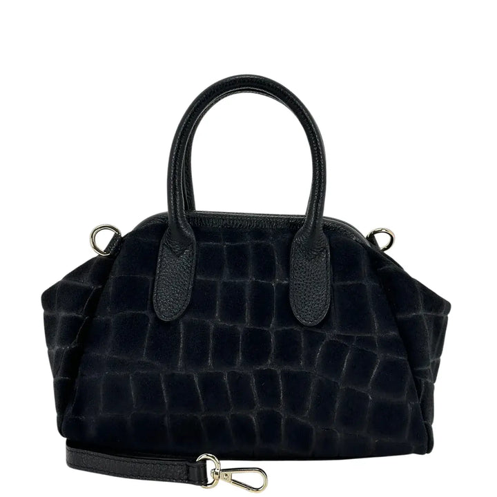Bassini Borsa Donna Bauletto in Pelle Scamosciata Stampa Cocco Nero con Tracolla Rimovibile
