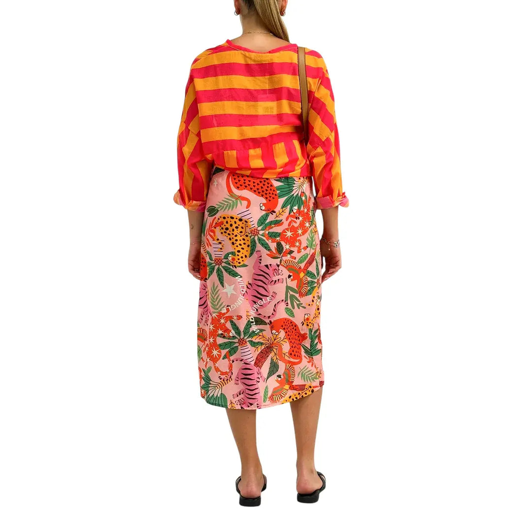 Motel Camicia Donna Arancio e Fucsia a Righe con Nodo Frontale, Collo Coreano e Maniche Tre Quarti
