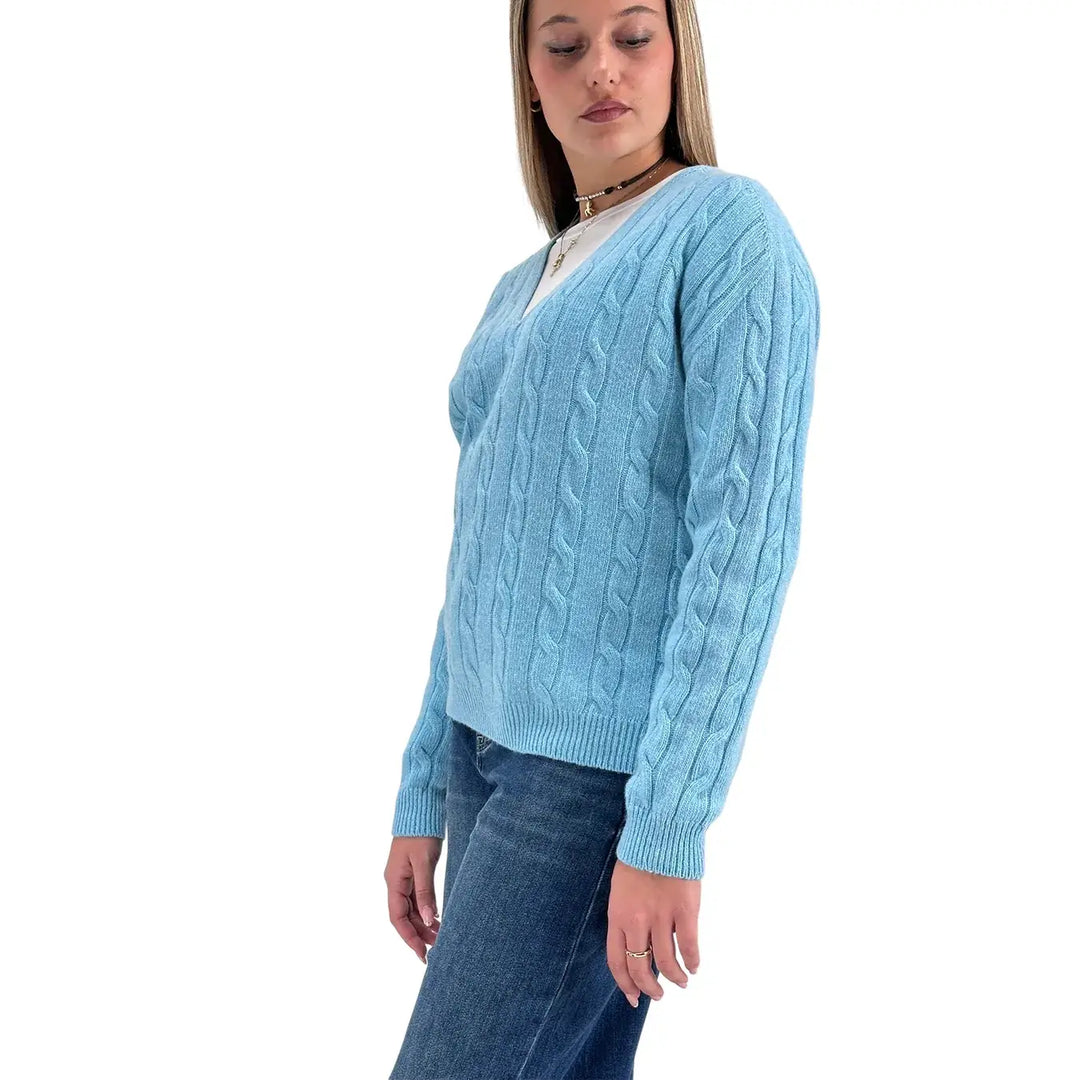 Bassini Maglia Donna Celeste a Treccia con Scollo a V e Maniche Raglan Oversize
