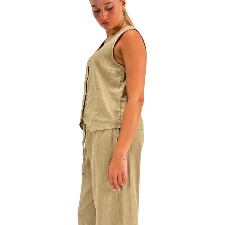 Bassini Camicia Donna Fango Smanicata in Lino e Cotone con Bottoni e Collo a V