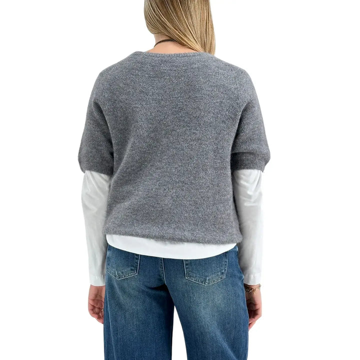 Bassini Maglia Donna Grigia Girocollo Oversize con Maniche Corte Raglan e Orlo a Costine