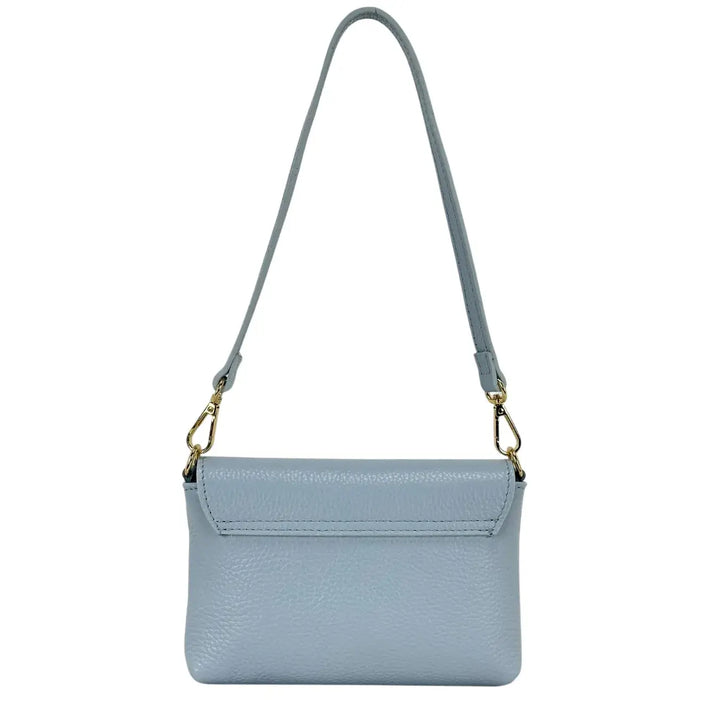 Bassini Borsa Donna Mini in Pelle Celeste con Pattina Chiusura Girello Bambù e Tracolla Rimovibile