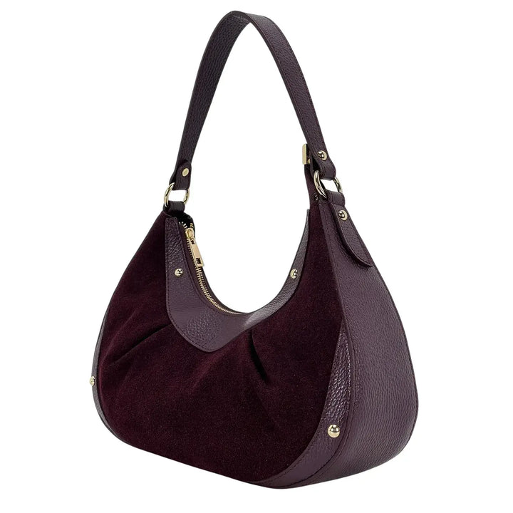 Bassini Borsa Donna a Mezza Luna in Pelle Scamosciata Burgundy con Rifiniture in Pelle Dollaro e Borchie Oro