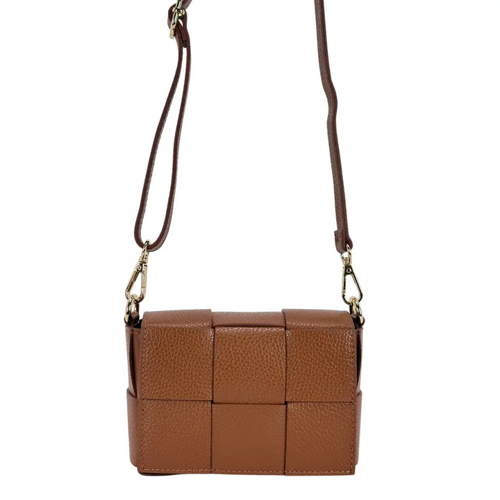 Bassini Borsa Donna Piccola in Pelle Cuoio Intrecciata con Tracolla Rimovibile e Patta Magnetica