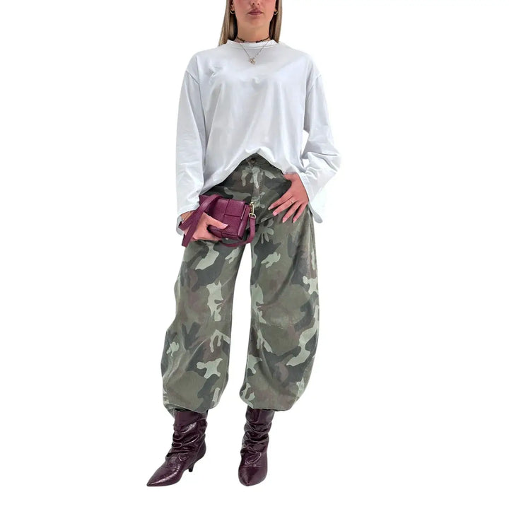 Bassini Pantaloni Donna Verde Camouflage Balloon Fit con Chiusura con Zip