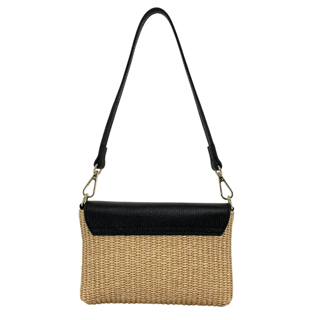Bassini Borsa Donna Piccola in Raffia e Pelle Nera con Tracolla Rimovibile e Girello Bambù