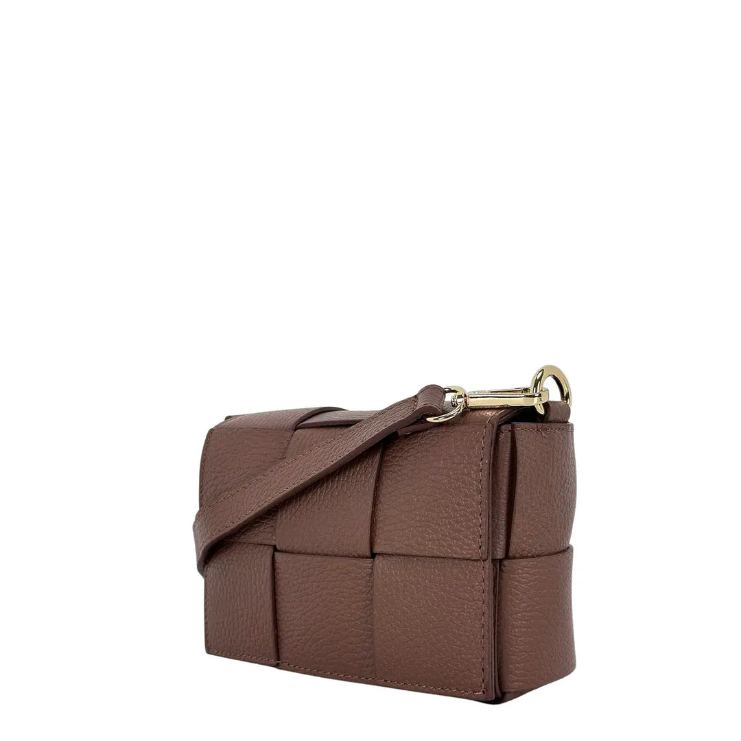 Bassini Borsa Donna Piccola in Pelle Castagna Intrecciata con Tracolla Rimovibile e Patta Magnetica
