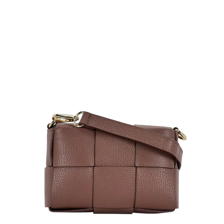 Bassini Borsa Donna Piccola in Pelle Castagna Intrecciata con Tracolla Rimovibile e Patta Magnetica