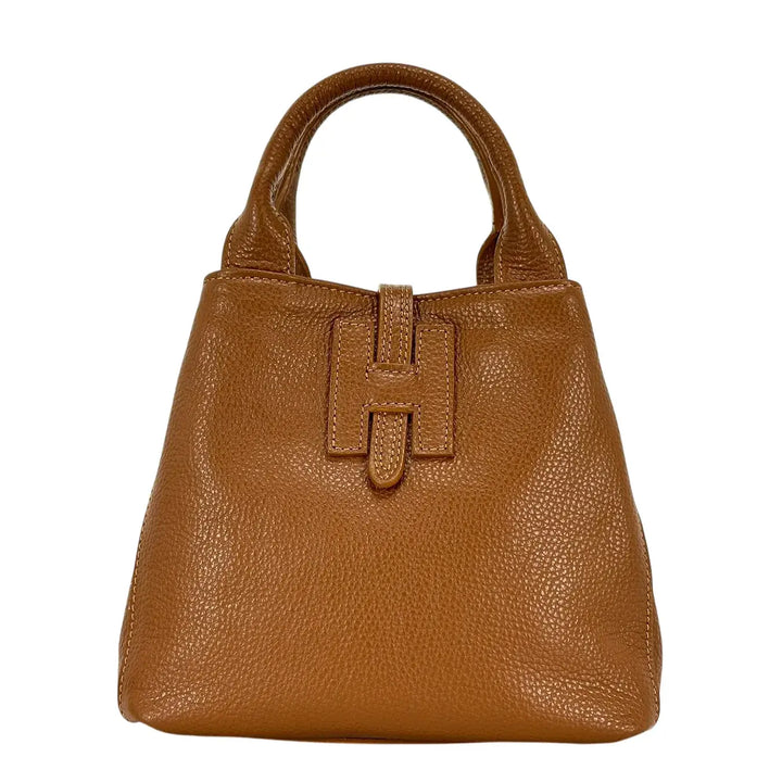 Bassini Borsa Donna in Pelle Cognac con Due Manici Tracolla Rimovibile e Chiusura H Magnetica